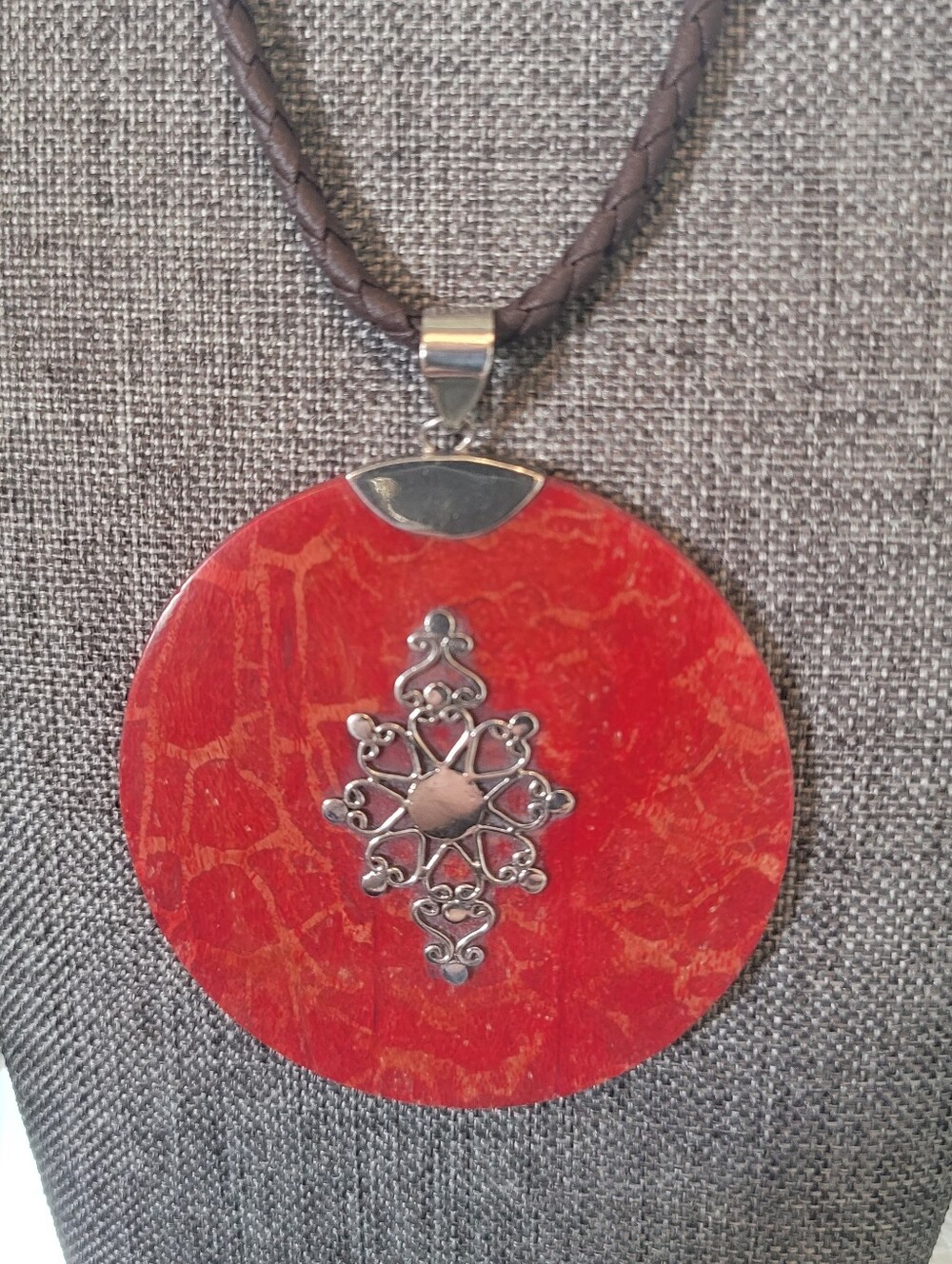 Vintage 925 Silver Boho Red Sponge Coral Disc Filigree Statement Pendan